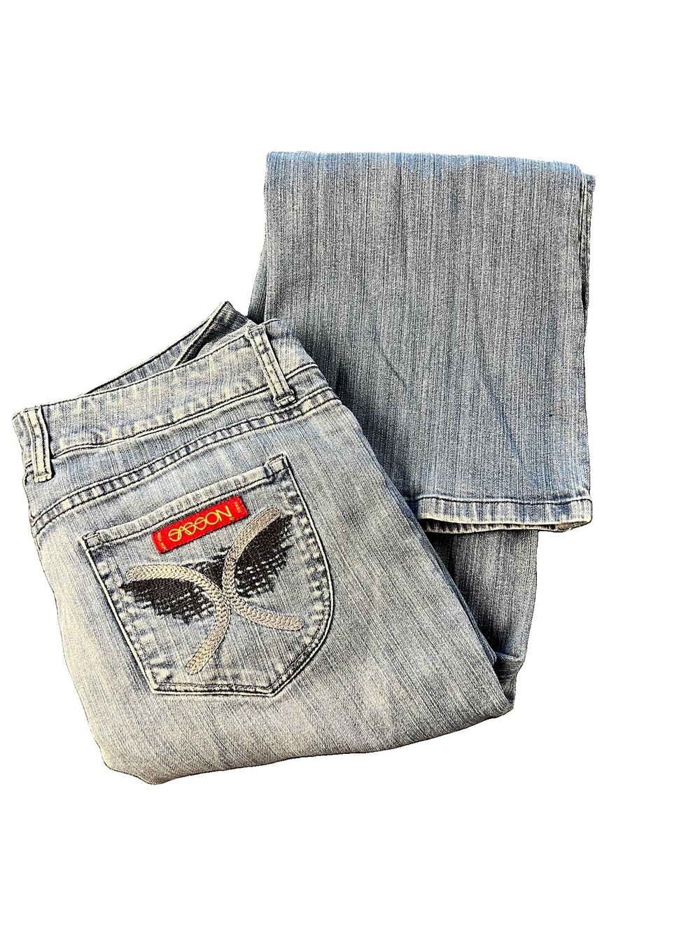 Vintage Y2K Sasson Bootcut Jeans Womens 12 Embroidered Wing Pockets Faded 33x31